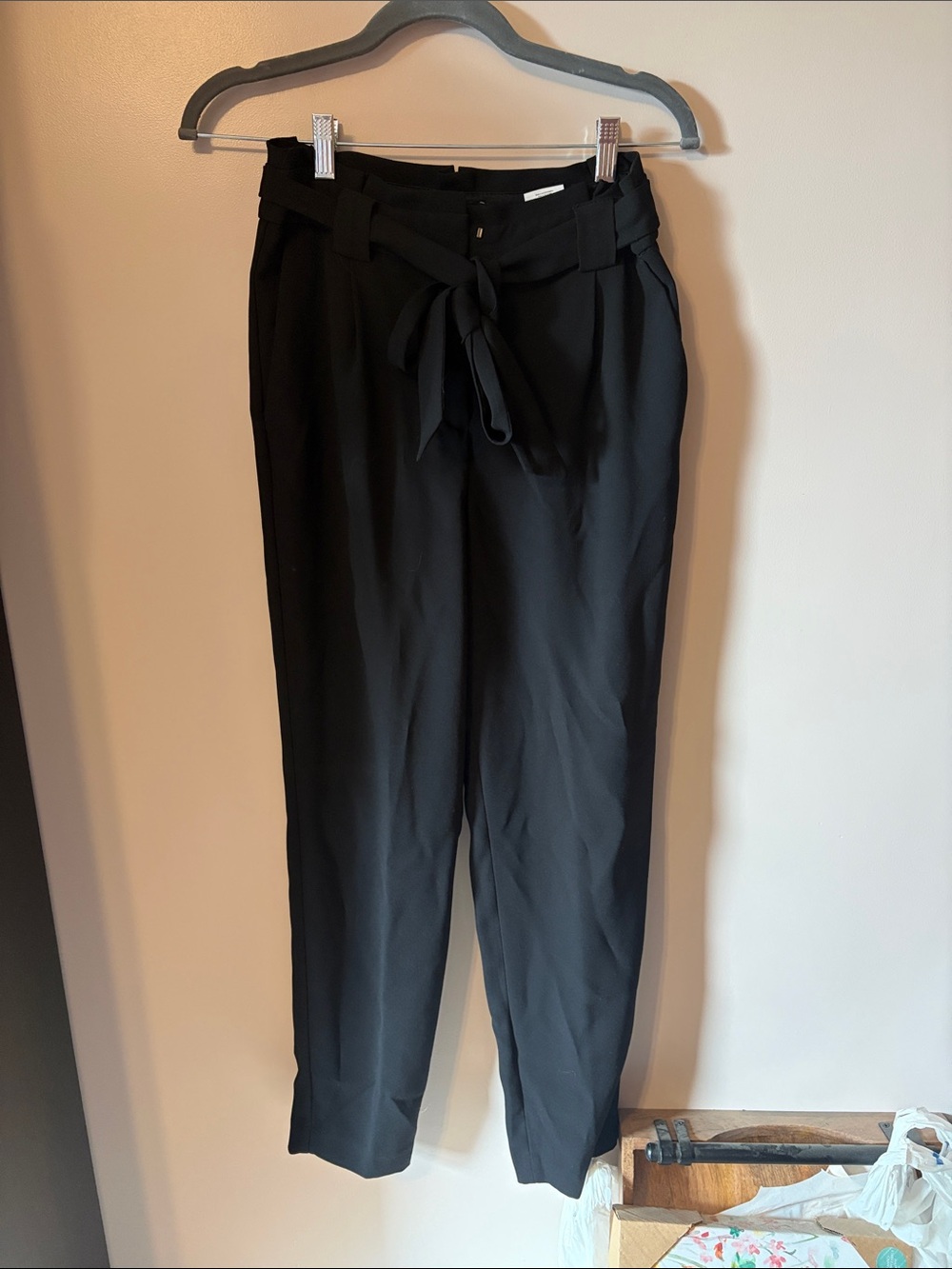 Express High-Waist Tie Belt Black Paperbag Pants